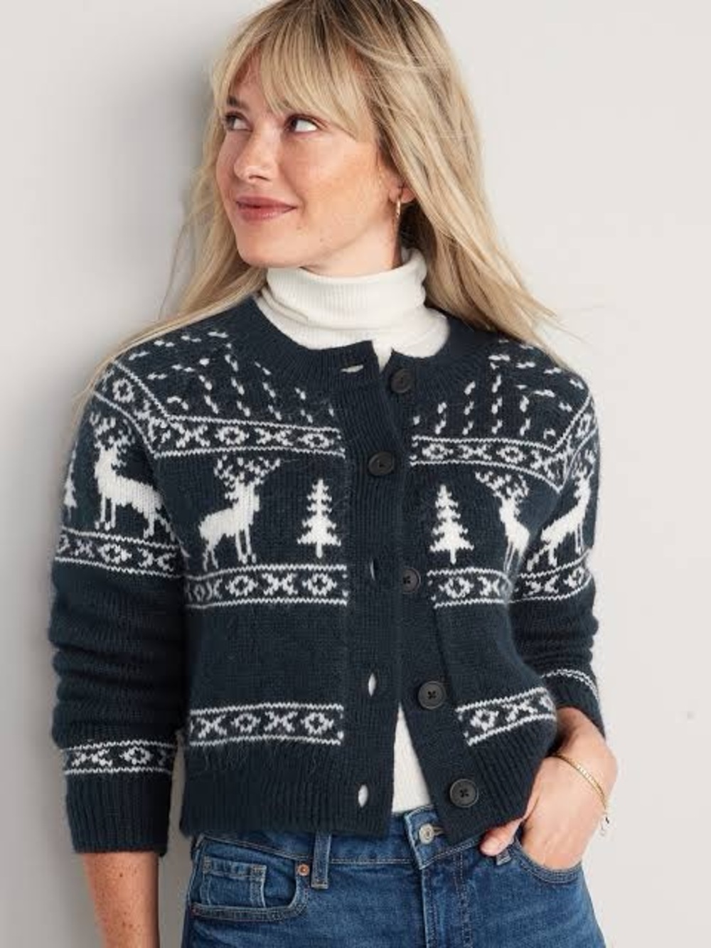 Old Navy Knit Reindeer Button Up Cardigan Great Condition Small